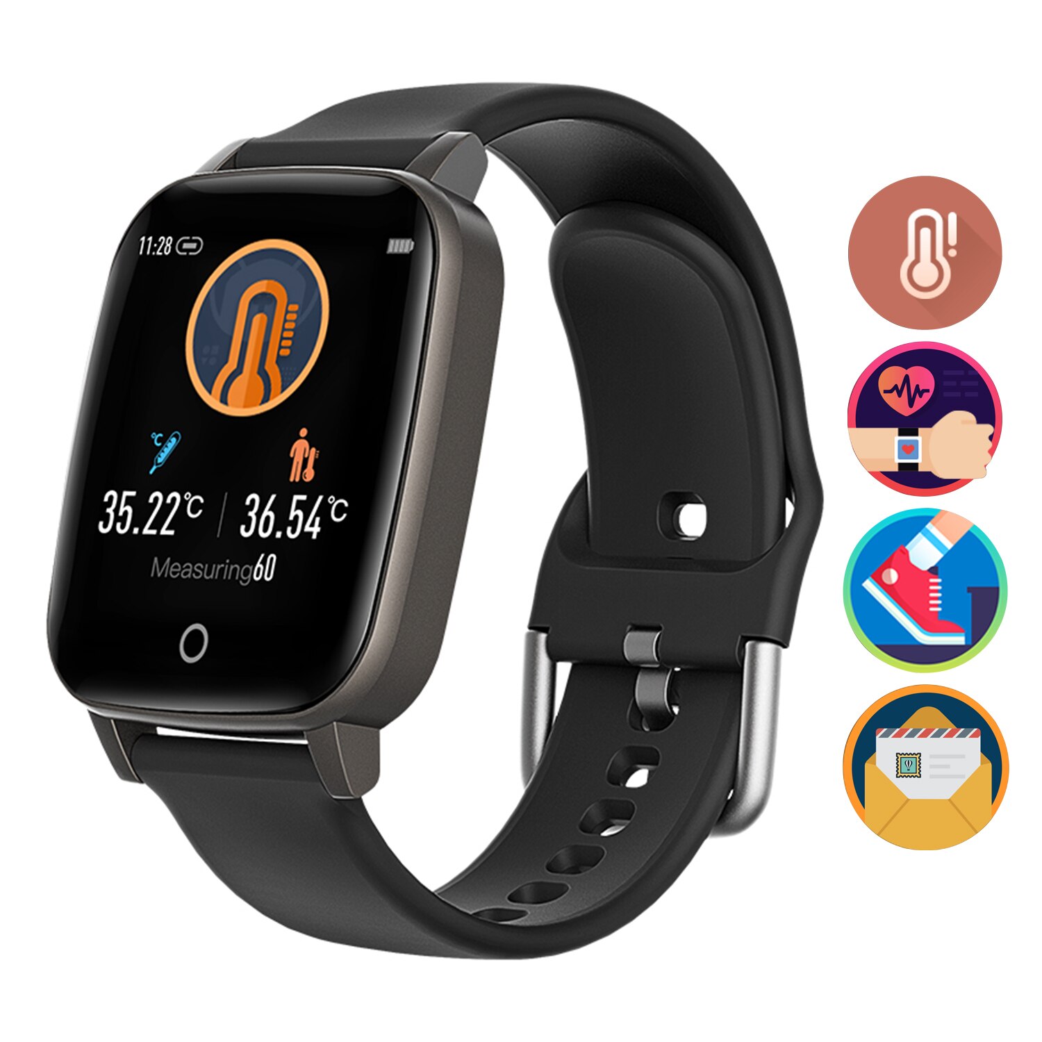 Body Temperature Monitoring Watch Intelligent Touching 1.3Inch Bracelet IP67 Waterproof Heart Rate Monitor Smart Wrist Watch: Black
