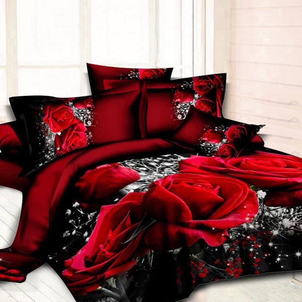 4pc/set 3D Big Red Rose Floral Bedding Sets Wedding Soft Duvet Cover Sheet Pillow Cases Bed Set Queen Bed Linen