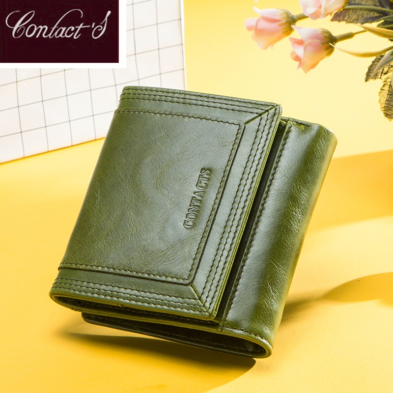 Contact's Women Wallets Genuine Leather Trifold Ladies Rfid Card Holder Wallet Coin Pocket Girls Coin Purse Green Portfel