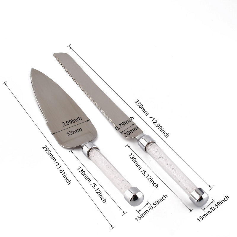2 stuks Zilveren Cake Knife Server Set Acryl Handvat Glazen Kristallijn Cake Spatel Wedding Party Rvs