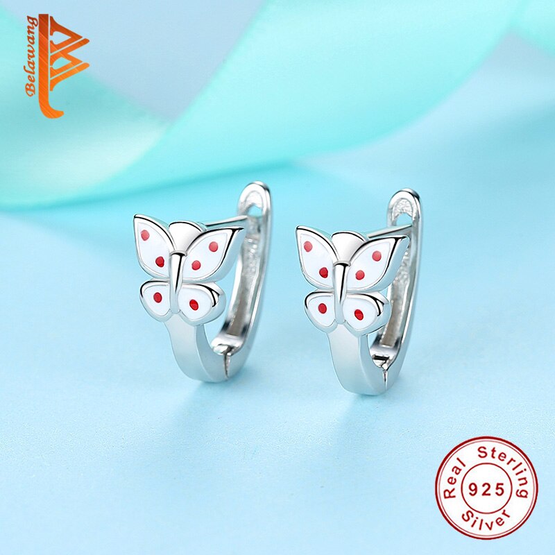 joyería de plata de ley 925 pendientes y pasadores con motivos animales para niños rojo esmalte mariposa pendientes de plata niño de día de San Valentín