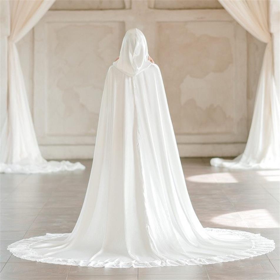 Zijde Satijn White Wedding Cape Bridal Shawl Zachte Kant Kathedraal Lengte Geappliceerd Lange Mantel Kerst