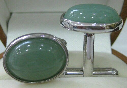 Boutons de manchette ovales en Jade naturel pour hommes, boutons de manchette de chemise pour fête de mariage: SILVER