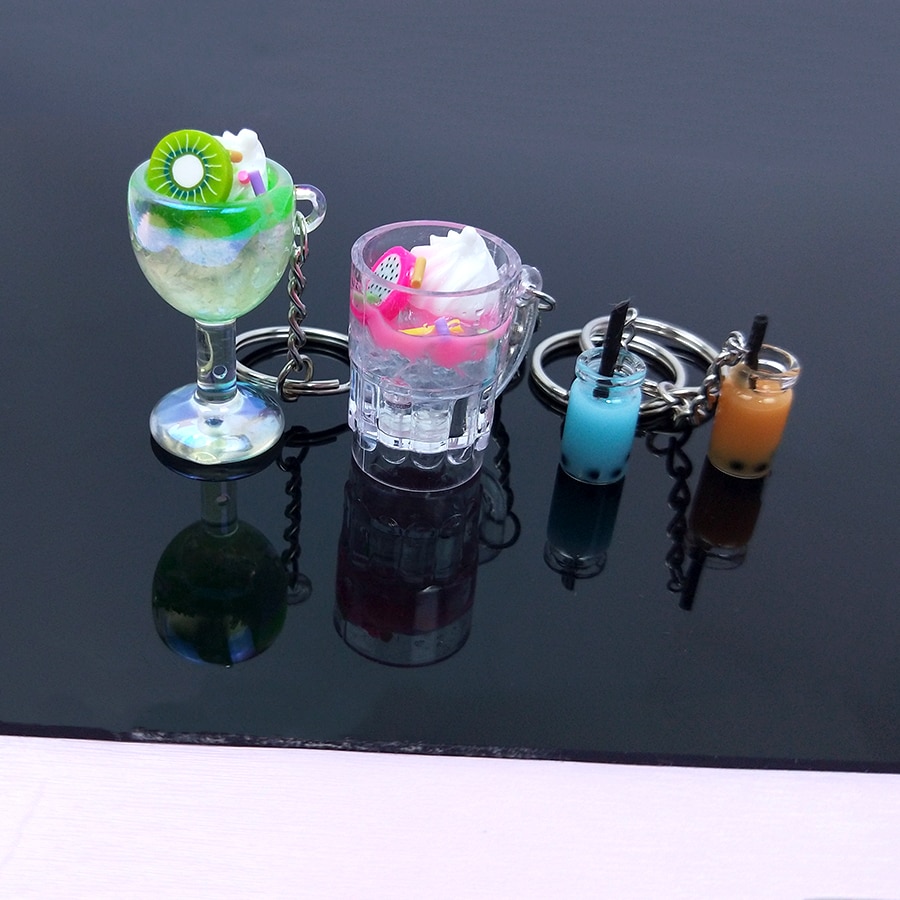 Acryl Leuke Sleutelhanger Parel Melk Thee Drinken Fles Wijn Glas Ijs Sleutelhanger Autosleutel Tas Hanger Koppels Vrouwen mannen Trinket