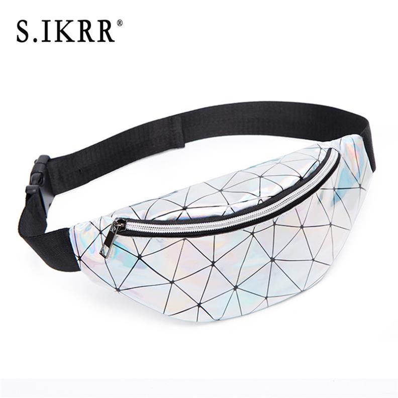 Disigner rhomboid holografisk fanny pack kvinnor midjeväskor cool personlighet geometrisk stöldskydd pu läder kudde 30 20: Silver-