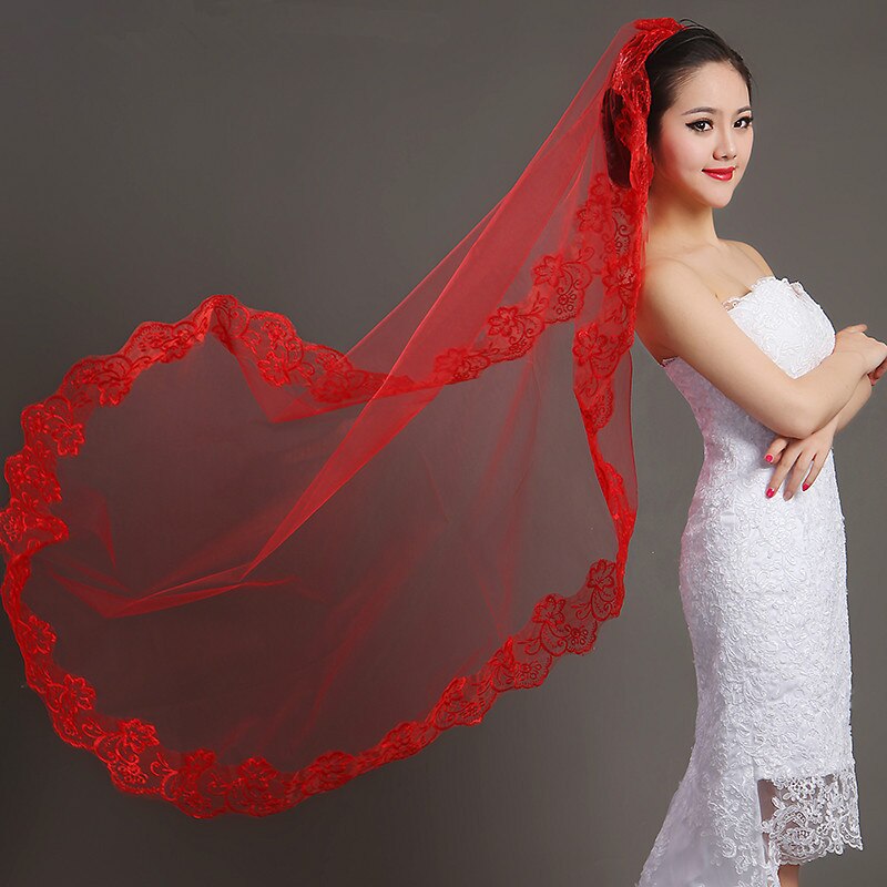 Red Bridal Veil Lace Short Elbow Wedding Veil Appliques Bride Veils