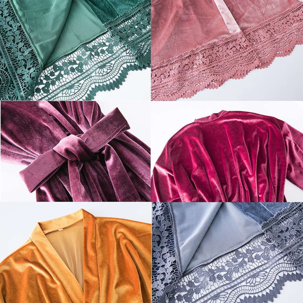 Długi jednokolorowy aksamitny szlafrok dla kobiet szata druhna szaty koronki wykończenia aksamitna szlafrok kimono suknia ślubna czarny aksamit winterrobe