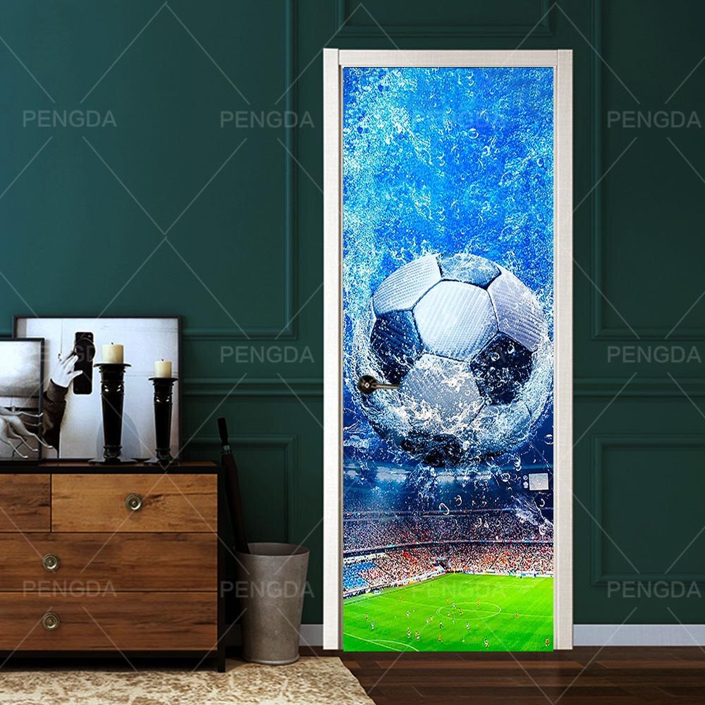 Home Decoratie Plakken Zelfklevende 3D Muursticker Voetbal Print Art Kleur Bricks Trekken Deur Waterdicht Behang Foto 'S