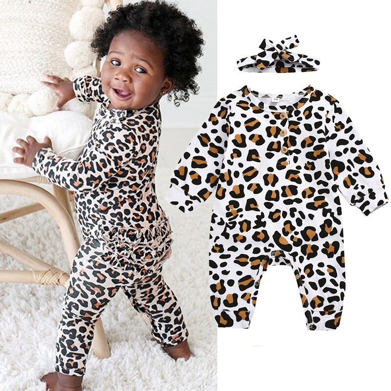 Baby Meisjes Luipaard Jumpsuit Pasgeboren Baby Ruche Romper Hoofdband Outfits Knop O-hals Lange Mouw Meisje Katoenen Kleding