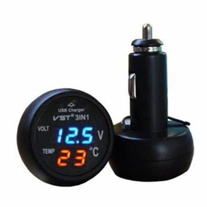 3 in 1 12v 24v gauge usb innebygd temperatur multifunksjonelt biltilbehør digital monitor lader led bil voltmeter