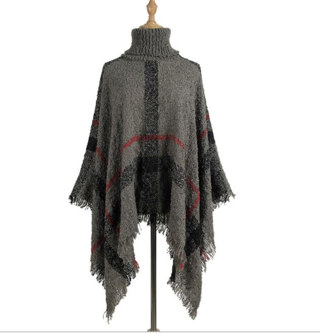 Efterår vinter poncho strikket rullekrave plaid kvinder poncho flagermusærmer lange ponchoer og kapper sweater pullovere: Grå
