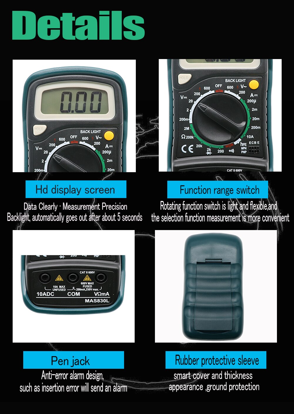 Handheld LCD Digital Multimeter 1999 XL830L AC/DC Voltage Amp Current Resistance Tester Blue Backlight Meter