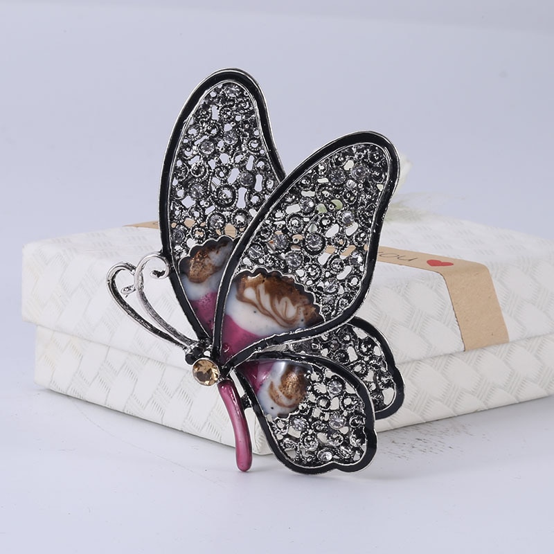 JUJIE Gun Black Big Butterfly Brooch Crystal Animal Personality Brooches For Women