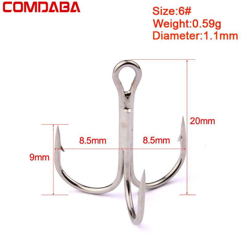 COMDABA 50 unids/lote 1 anzuelo de pesca de acero rico en carbono, anzuelos triples, aparejos de pesca de Color blanco/2/4/6/8/10 # anzuelos de pesca: 35647PS 6