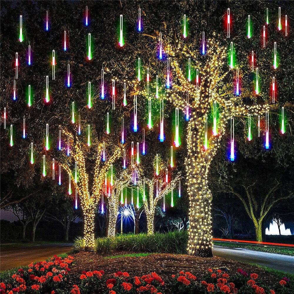 Guirlande lumineuse solaire à led avec pluie de météores et glaçons pour noël, idéale pour une fête, une décoration de patio ou de maison