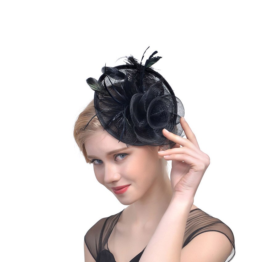 WELROG – chapeau tendance pour femme, chapeau, plume, gaze, maille solide, épingle à cheveux, pour fête, mariage, ruban: Black