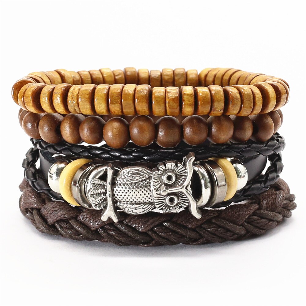 Pulseras de cuero Vintage en negro y marrón para hombre y mujer, ganchos de aleación de bronce para plumas, Charm Wood de búho, cuentas, joyería: style 8