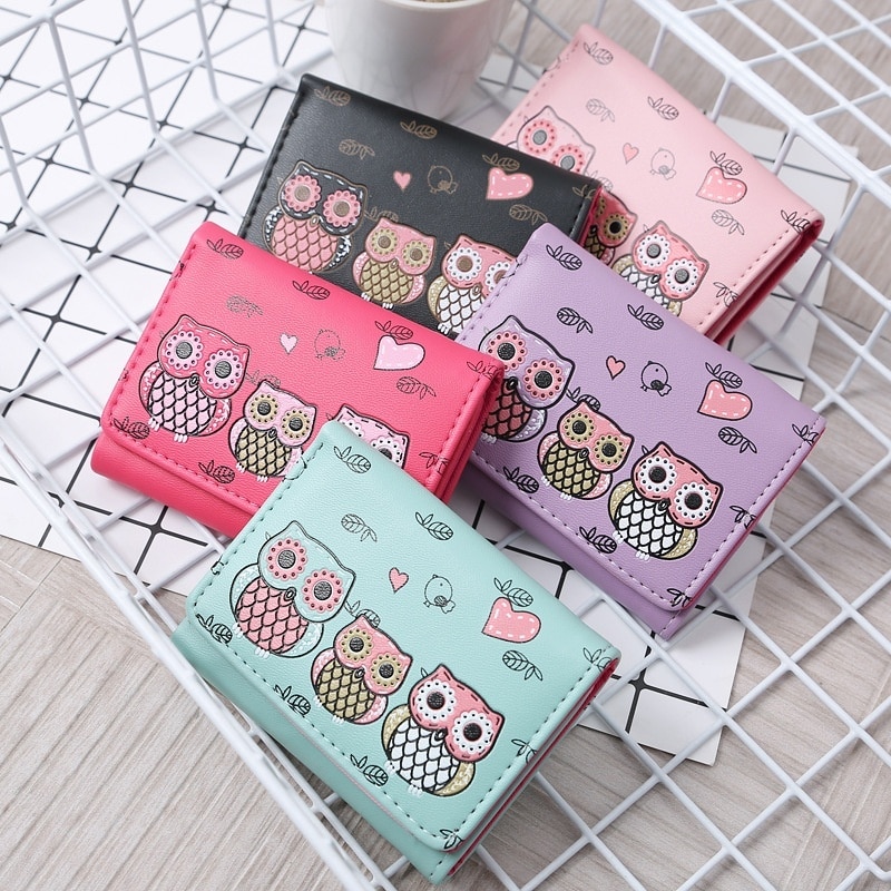 Women Cute Mini Wallet Owl Pattern Coin Purse Students PU Leather Card Bag womens wallets and purses