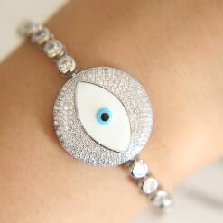 Lucky Luxe Big Evil Eye Charm Tennis Cz Armband Turkse Chic Eye Sieraden: Platinum Plated