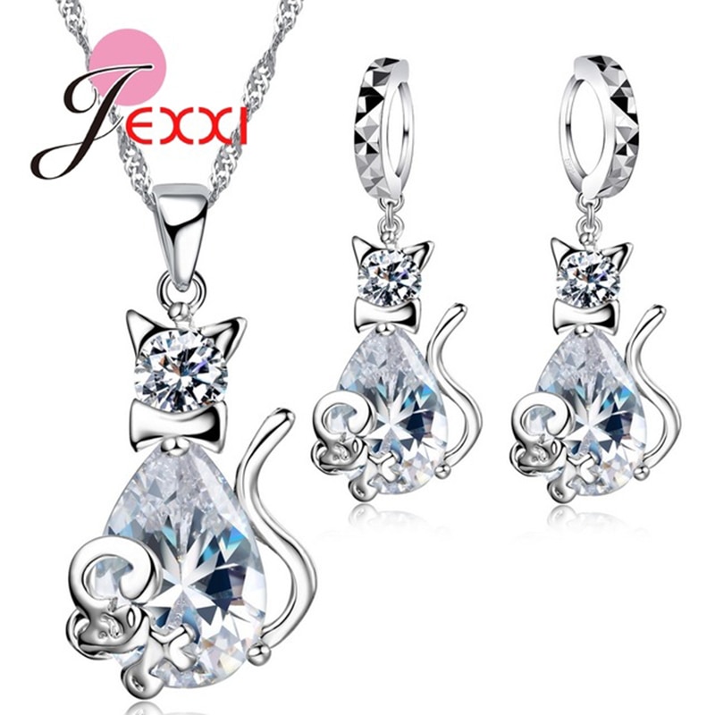 925 Sterling Silver Sweet Cat Shape Women Necklace Earrings Jewelry Set With Crystal Nice Party Wedding