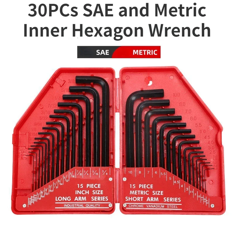30PCs Hex Key Wrench Set, Metric and SAE Allen Wrenches (0.028-3/8 Inch, 0.7-10 Mm) L Shape Allen Keys,High Hardness Steel: Red