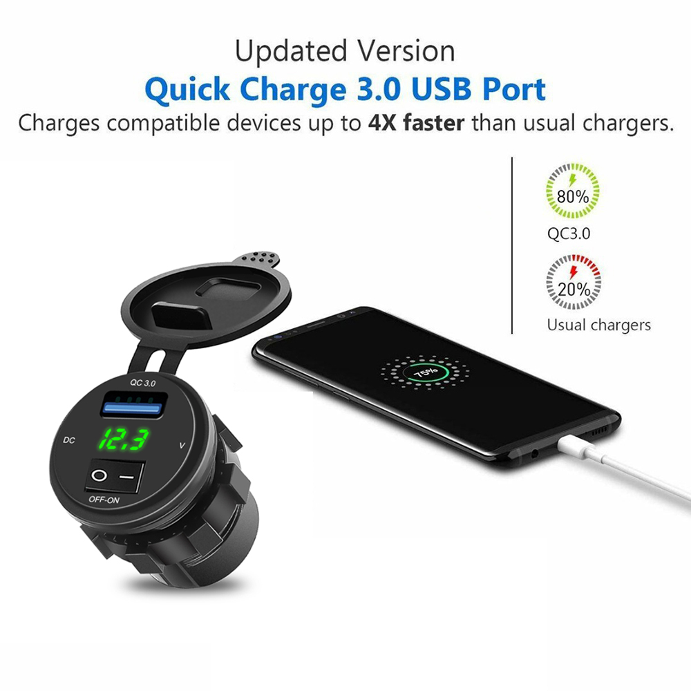 Kebidu Auto Motorfiets Sigarettenaansteker Usb Qc 3.0 Car Charger Socket Met Schakelaar Led Digitale Voltmeter Meter Monitor