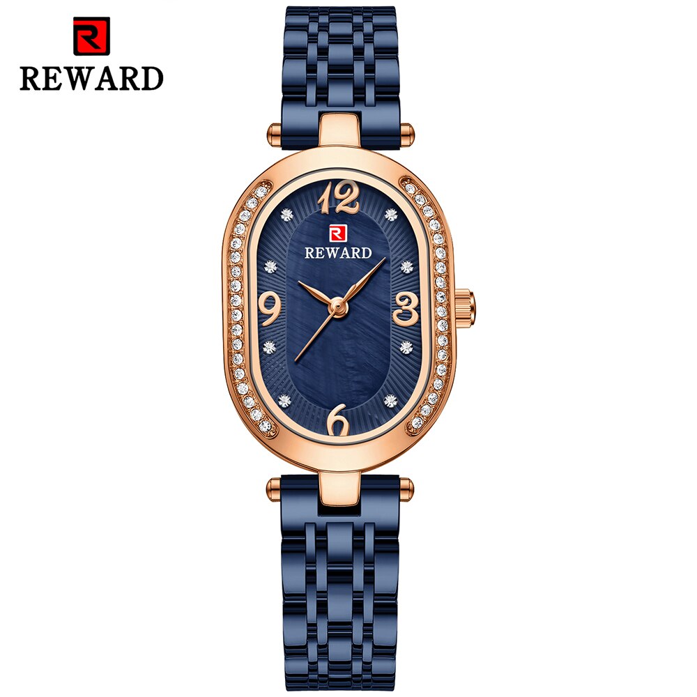 REWARD-Reloj de pulsera de oro rosa para mujer, relojes de cuarzo ultrafinos de lujo a la , correa de acero inoxidable, para mujer y Niña: Rose gold blue