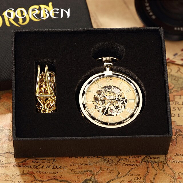 Retro Horloge Ketting Steampunk Skelet Mechanische Fob Zakhorloge Romeinse Aantal Klok Hanger Hand kronkelende Mannen Vrouwen Chain: PM010 with box