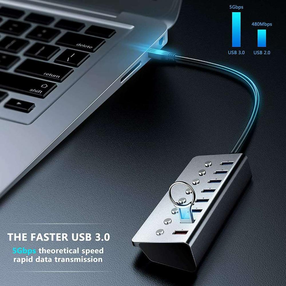 Aluminiumlegering 8-- poorts usb 3.0- splitter 7- poorts computer uitgebreide usb-hub 1- poorts snellaadadapter externe 5v 3a- voeding