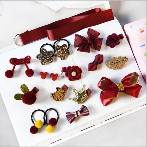 Kinderen Accessoires 18 Stks/sets Prinses Baby Kids Meisje Baby Hoofdband Grosgrain Haarelastiekjes Clips Haar Clips Touw Set: Wine Red