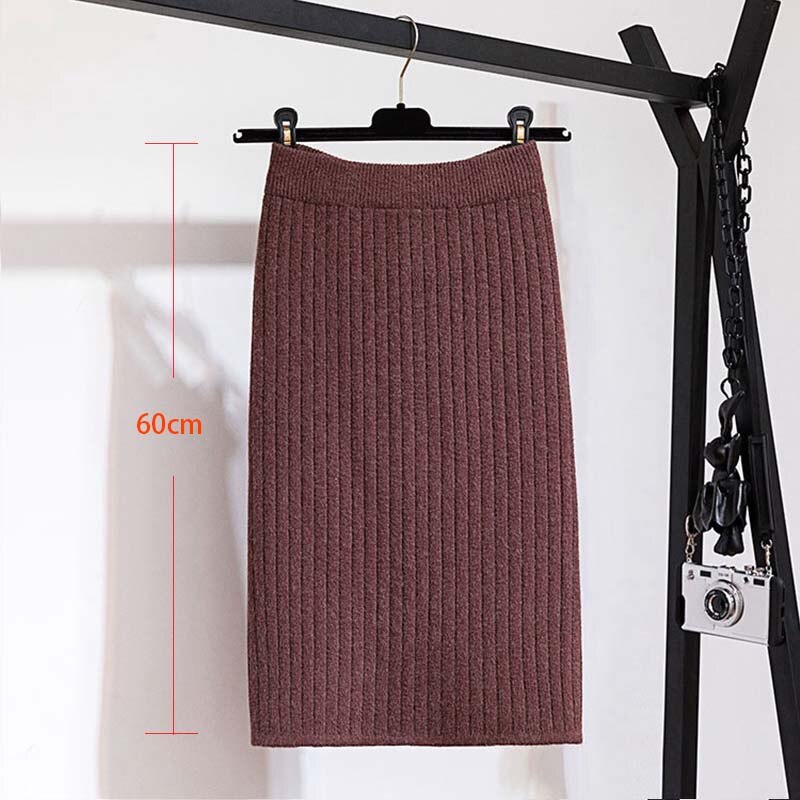 Faldas de mujer de banda elástica de 60-80CM, Falda recta de punto cálida de otoño e invierno, falda negra medio larga acanalada: 60cmcoffee