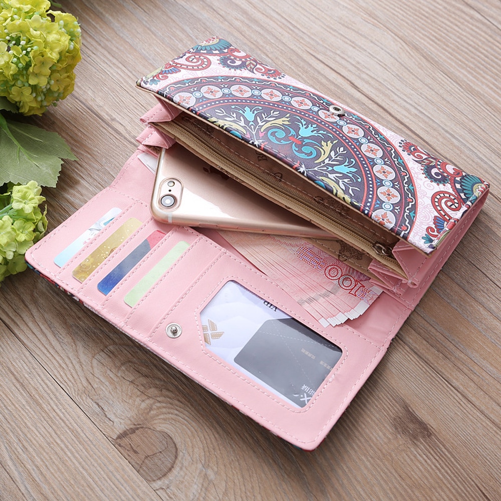 Retro kvinner skinn lang lommebok kortholder telefonveske etui med blomstertrykk clutch veske dame håndveske myntlomme