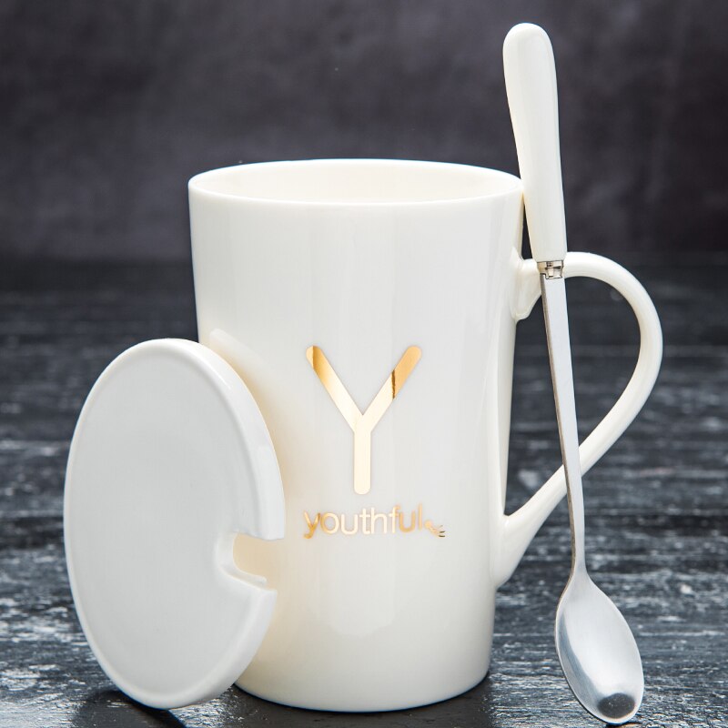 couple ceramic mug with lid spoon trend men and women household drinking cup personality milk coffee tea cup cup: D