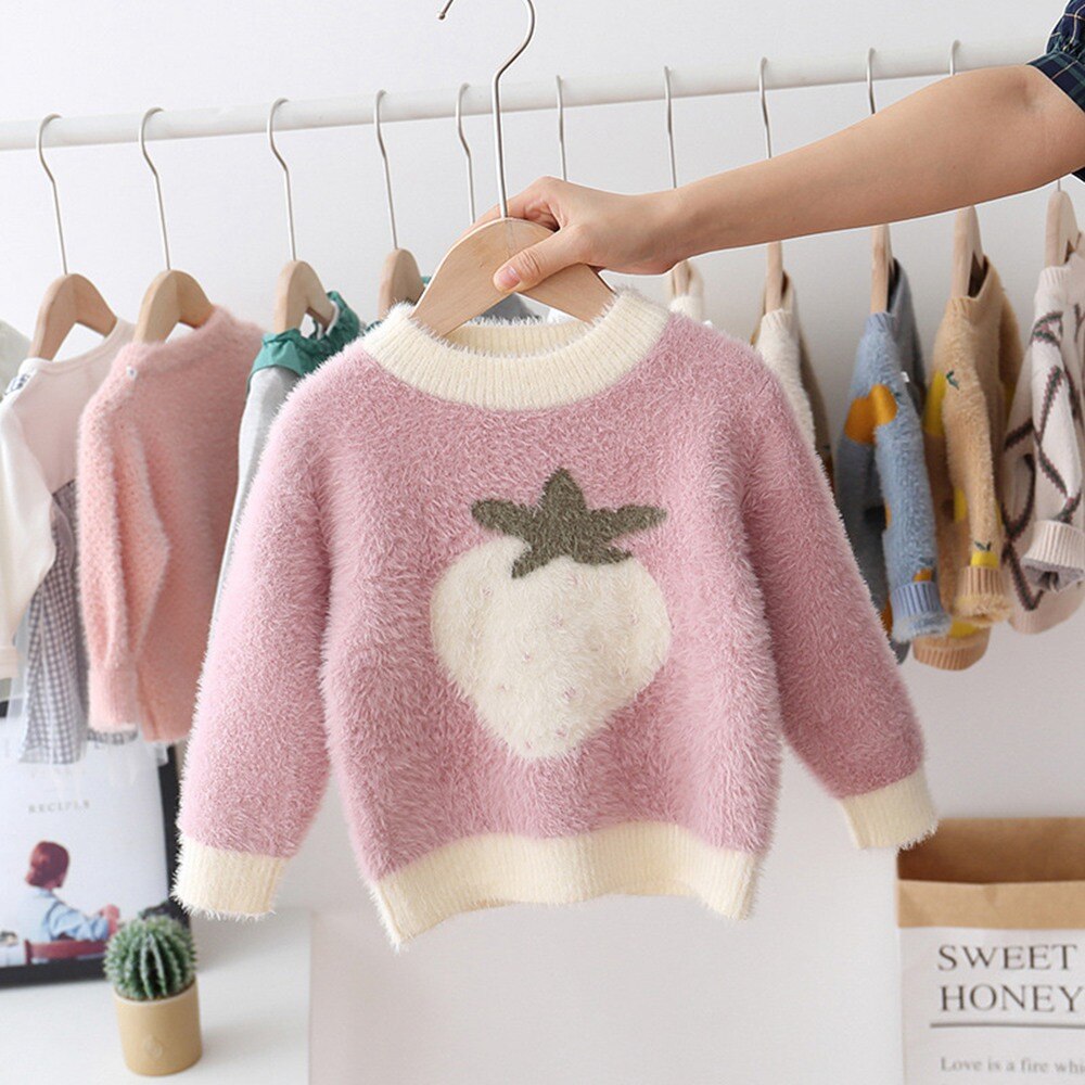 Efterår vinter piger børn jordbær strik strikning kint o-hals langærmet sweater toppe outwear  s9508