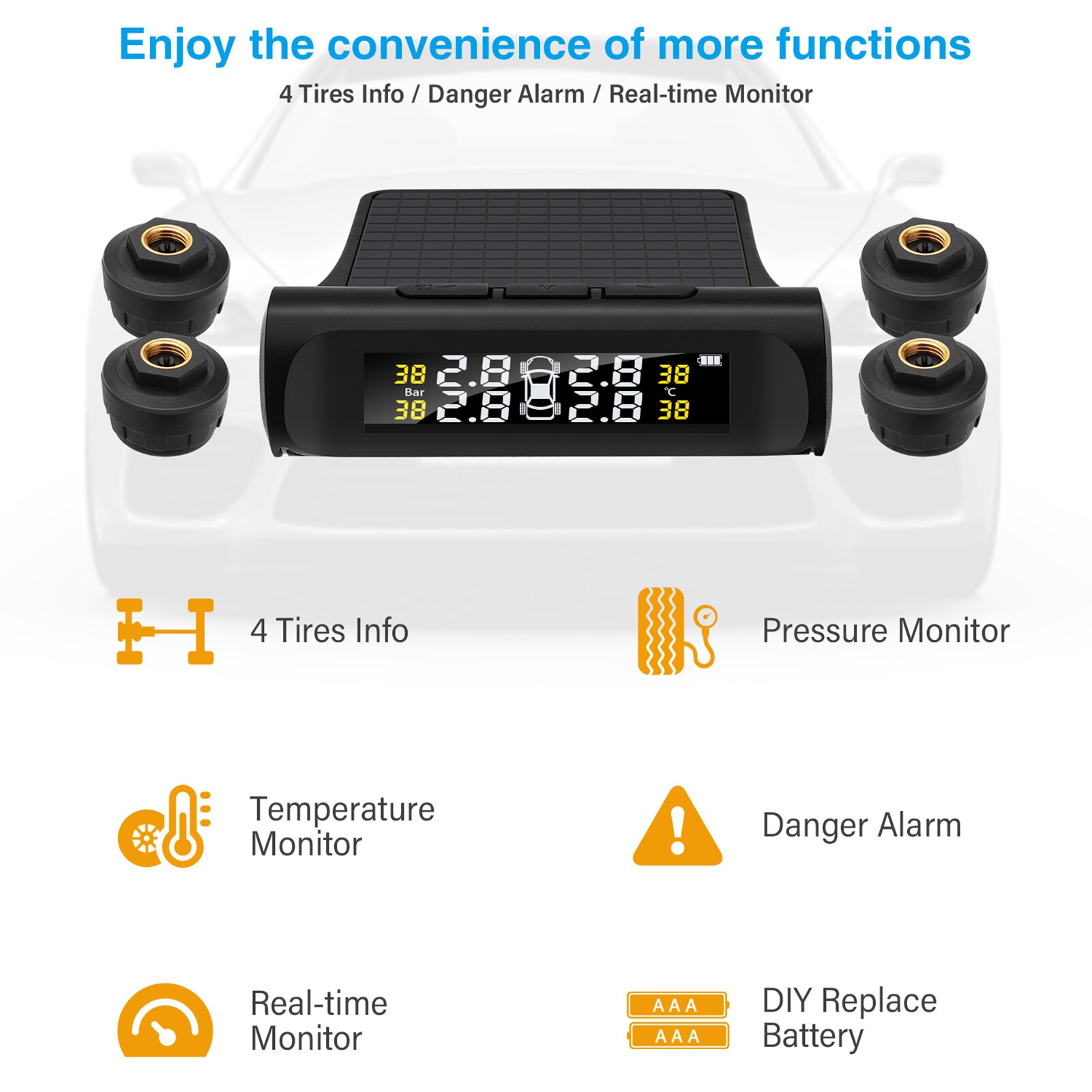Car TPMS Tire Pressure Monitoring System Car Wireless Alarm System TPMS, 4 External Sensors, Tire Pressure & Temperature Display