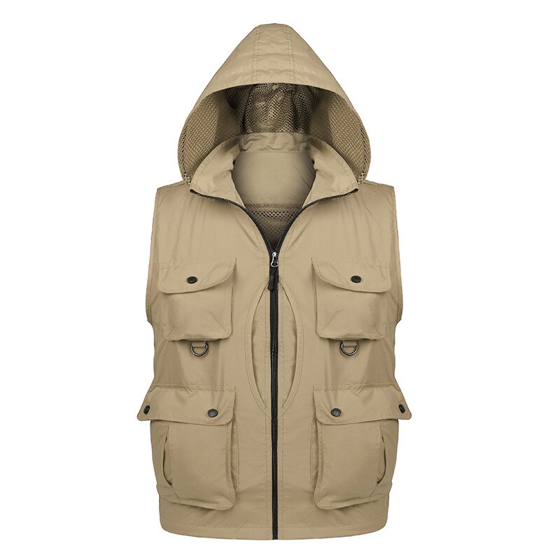 Quick Drying Photography Reporter Vest For Male Removable Back Multi Pockets Hooded Waistcoat Hiking Fishing Jackets Size L-XXXL: Khaki / XL