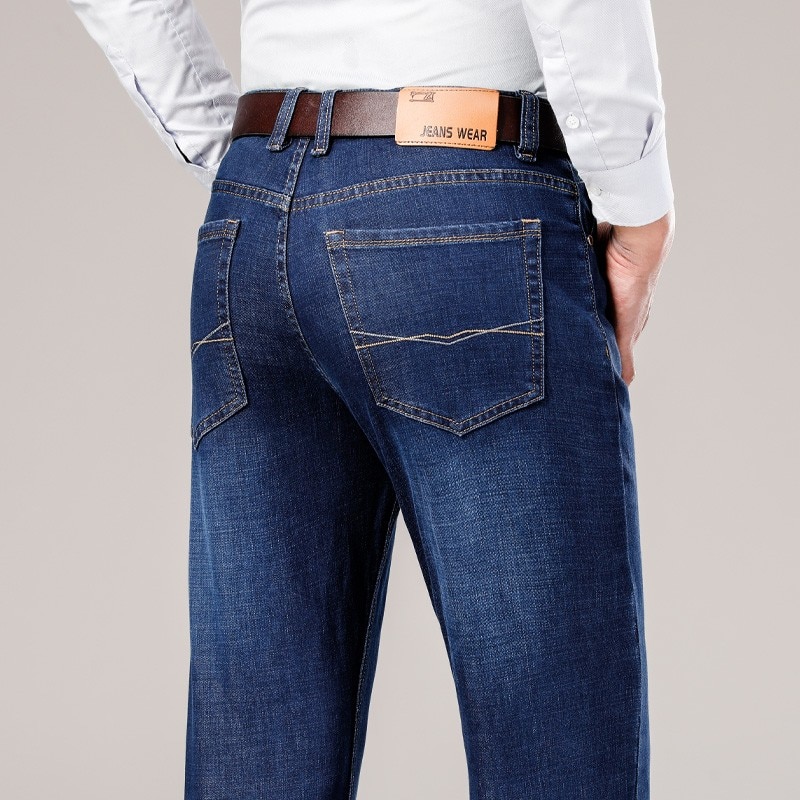 Mænd efterår stretch løs pasform brede ben moda masculina bukser herre jeans klassisk afslappet pasform denim bukser biker