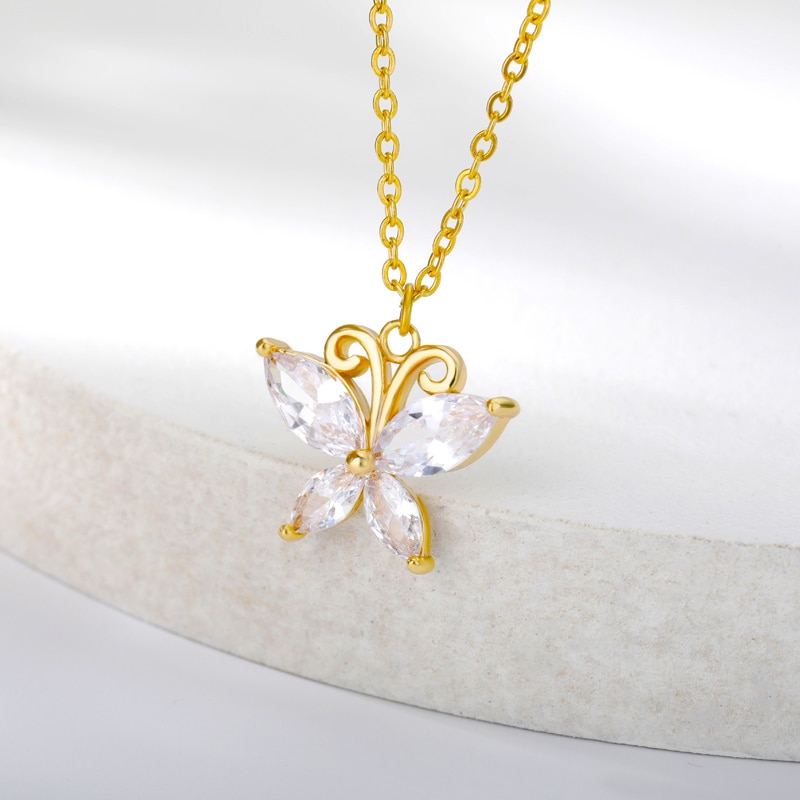 Cubic zircon butterfly necklaces for women, stainless steel gold butterfly pendant charm necklace, girls' birthday jewelry