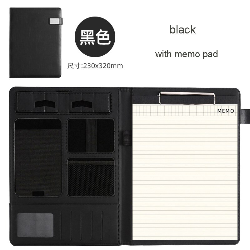 Multifunctional PU Leather A4 File folder Writing Pad Business Sign Conference Padfolio Folder Document Organizer: Black