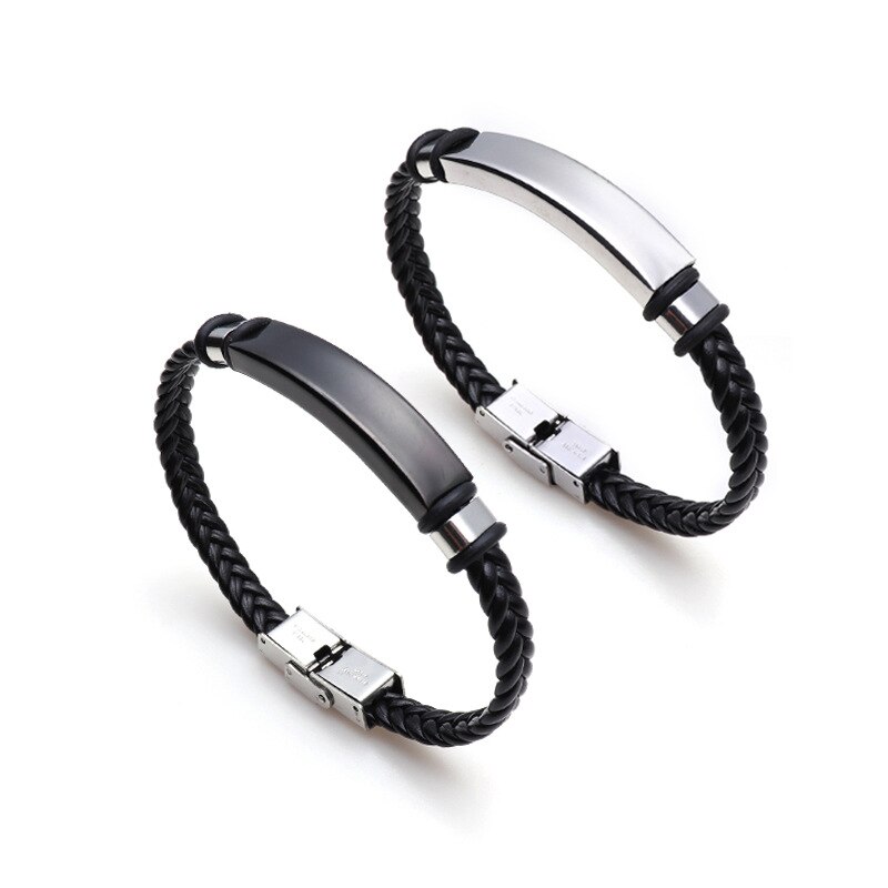 Punk Men Jewelry Black Braided Leather Bracelet Black/Silver Color Stainless Steel Charm Buckle Bangles Women