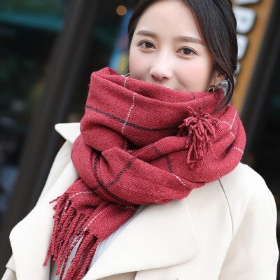 Strikket efterår vinter kvindelig koreansk varmt tørklæde kvinder piger sød kvast tørklæde uld flash tørklæde vildt sjal: Rødvin