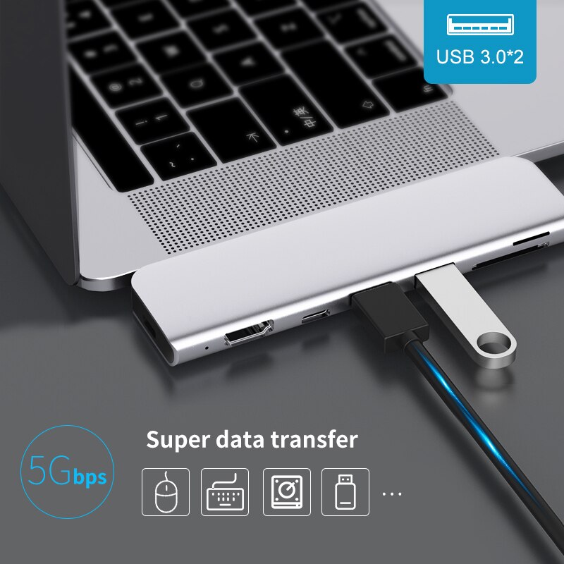 Usb 3.1 typ-c hubb till hdmi-adapter 4k thunderbolt 3 usb c-hub med hubb 3.0 tf sd-läsarplats pd för macbook pro/air -