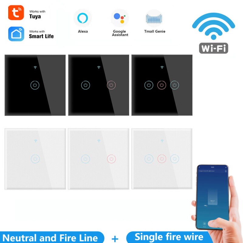 WiFi Smart Touch Switch No Neutral Wire Required Smart Life Tuya APP Control Alexa Google Home Compatible 1/2/3 Gang Smart Home