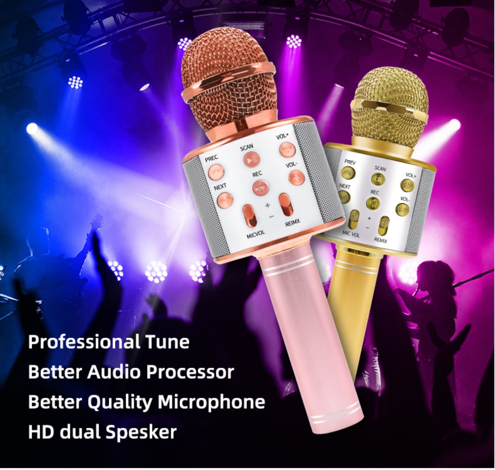 WS858 Bluetooth Karaoke Wireless Microphone Speaker Handheld Condenser Microphone Player Singing Recorder Mic LED