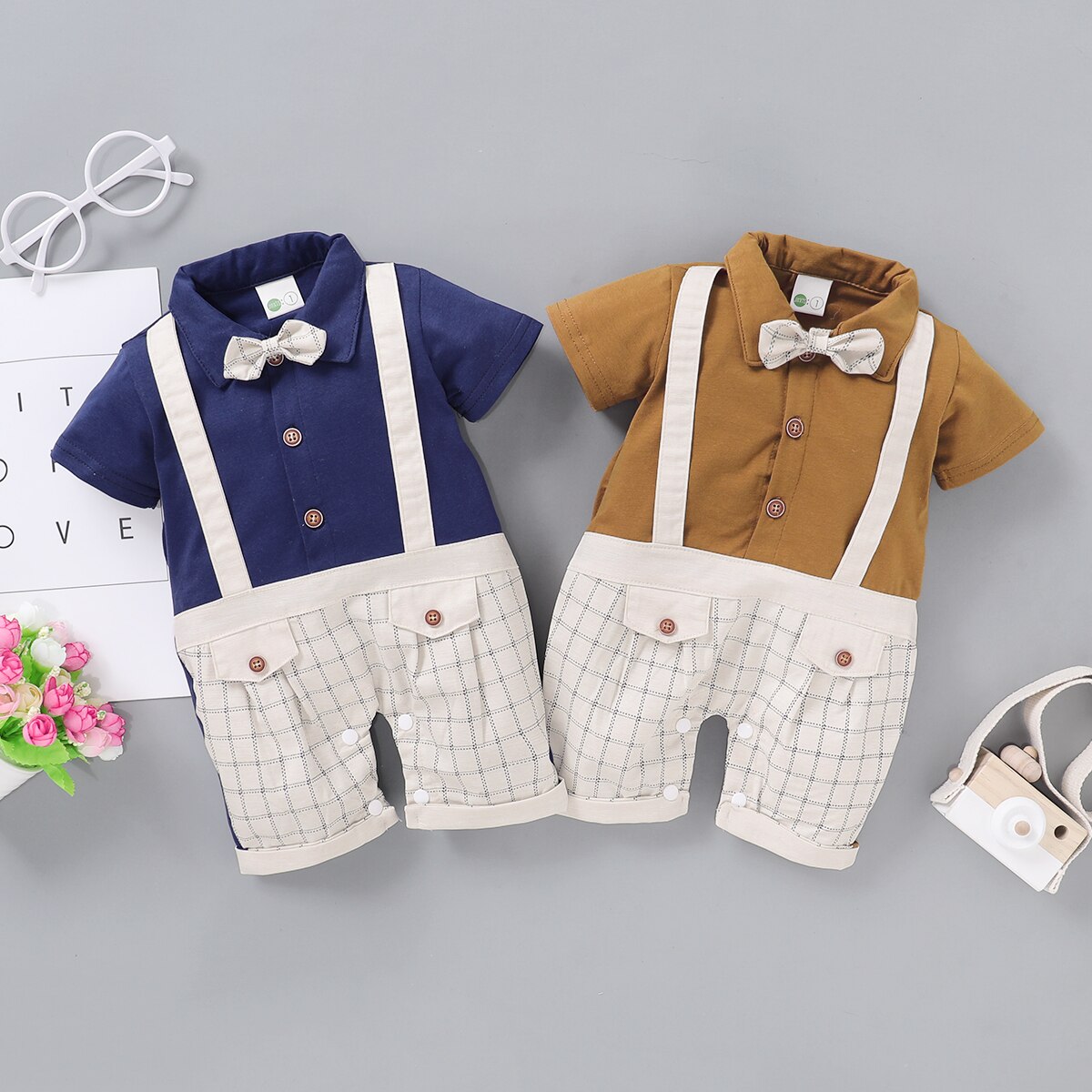 Kinderen Zomer Jongens Plaid Korte Mouwen Vest Gentleman Romper Jumpsuit Tie