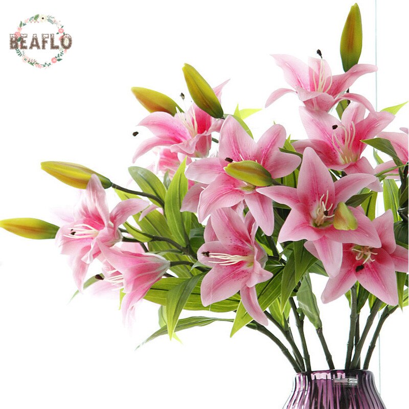 1pc silikon kunstig blomst 3 hoder lilje knopp med lang stang bukett for bryllup hjem fest hotell dekorative
