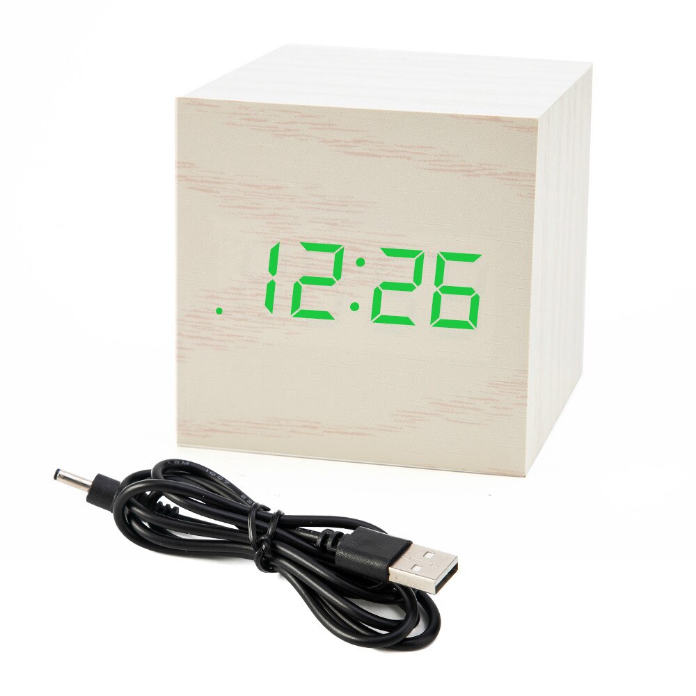 ! mini digital trä led väckarklocka trä retro glöd klocka skrivbord bord dekor röststyrning snooze funktion skrivbord kalender: Vit trägrön