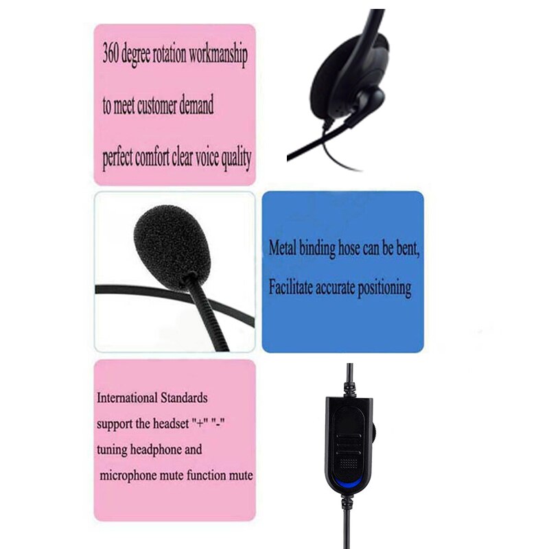 Headband Earphone With Flexible Microphone USB Cable Wired Noise Reduction Computer Headset For Laptop PC Computer Call Center