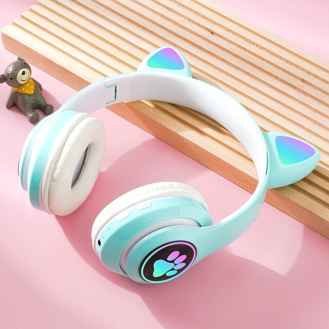Glowing Light Cute Cat Bluetooth Kid Headphone with Mic Can Close LED Girls Music Bass Helmet Phone Tablet Wireless Headset: green