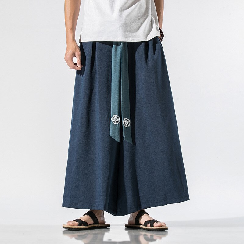Japanese Traditional Samurai Style Kimono Loose Casual Wide Leg Pants for Men Streetwear Linen Male Solid Trouser Pants: Color4 / M